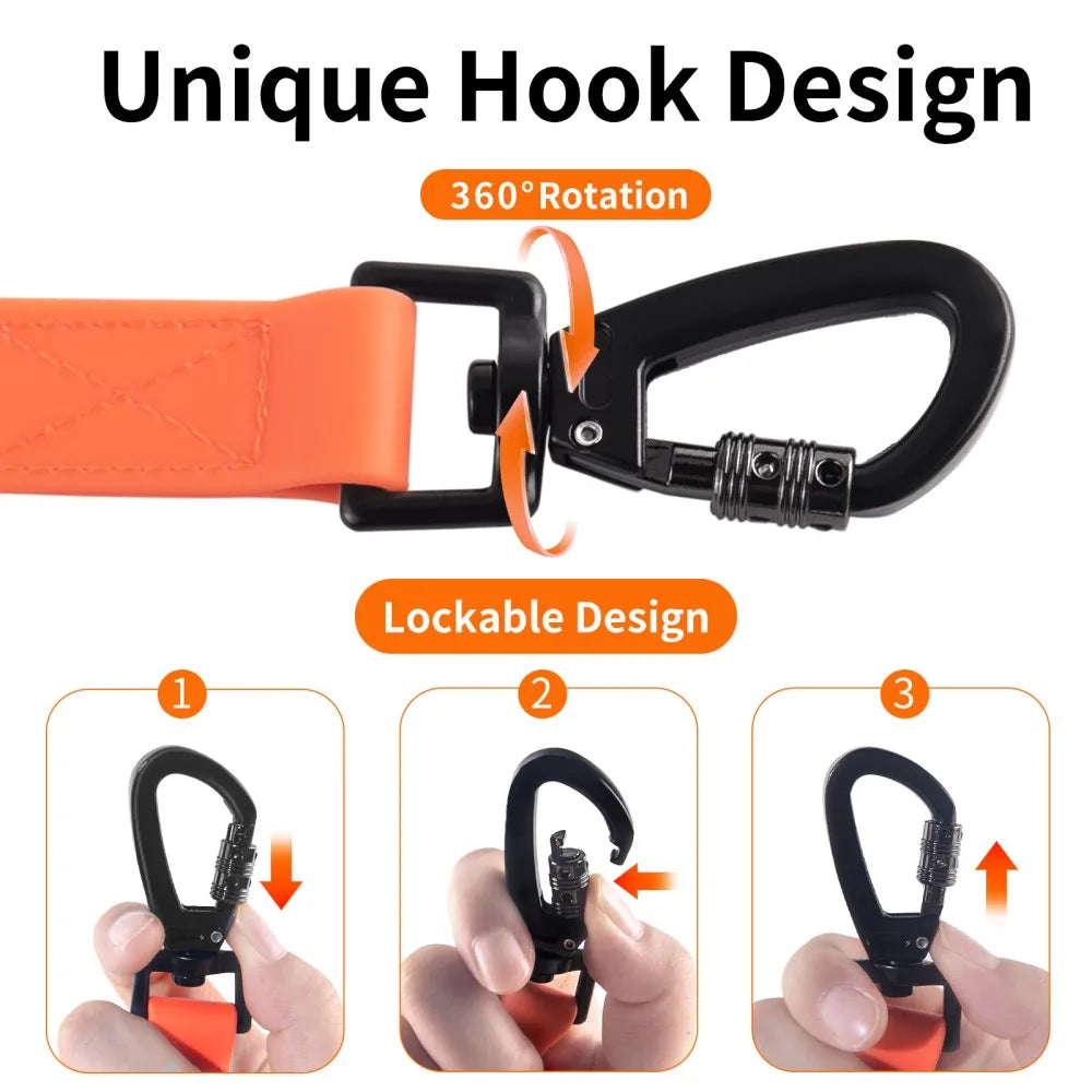 Orange waterproof PVC dog training leash featuring a unique hook design and lockable mechanism.
