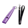 Purple ultrasonic dog whistle with a black lanyard attached.