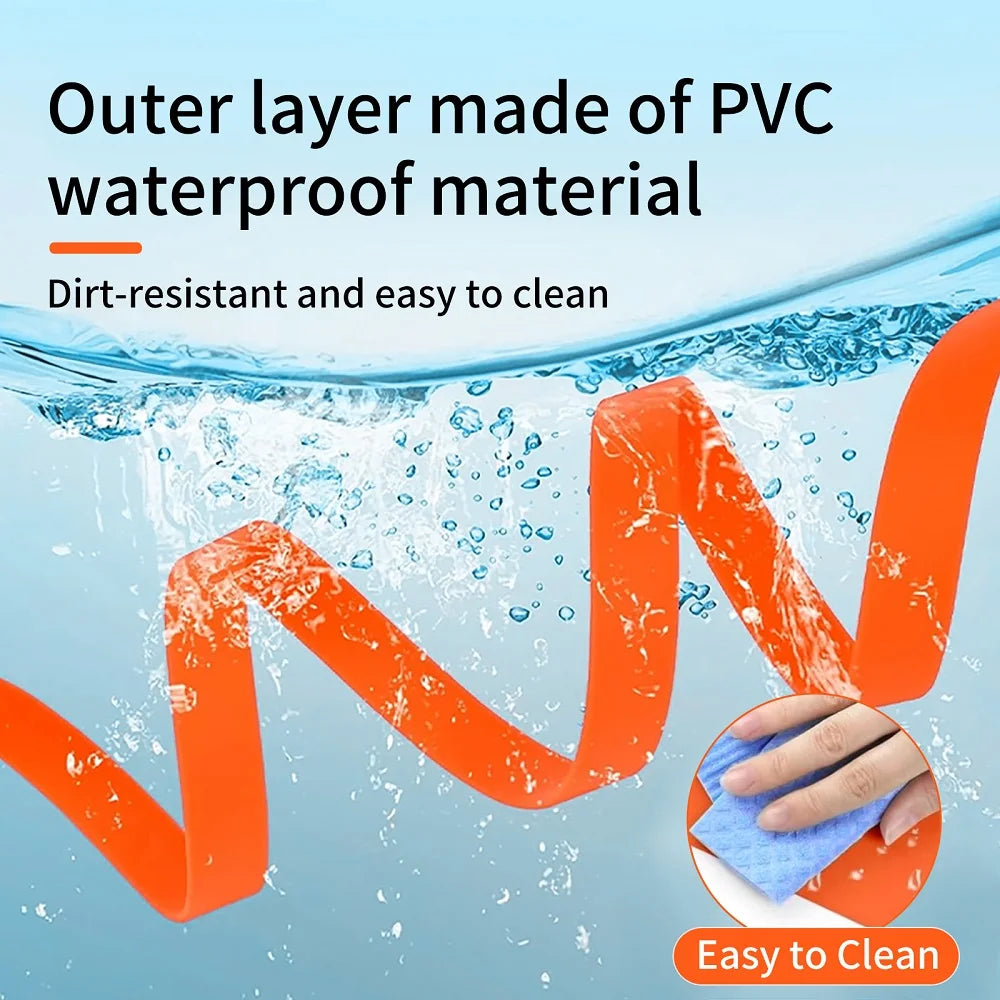Orange waterproof PVC dog training leash being cleaned with a sponge.