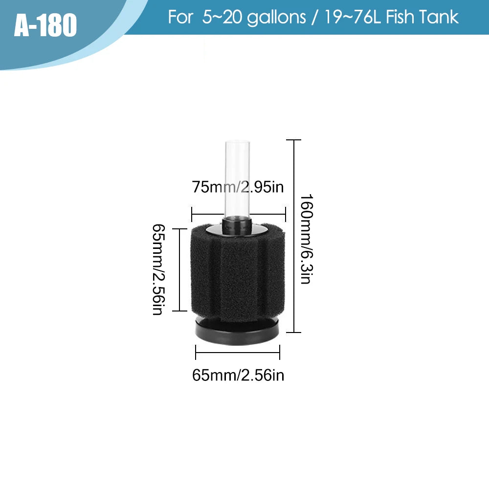 A-180 aquarium air pump and skimmer filter with a black housing and clear tube.