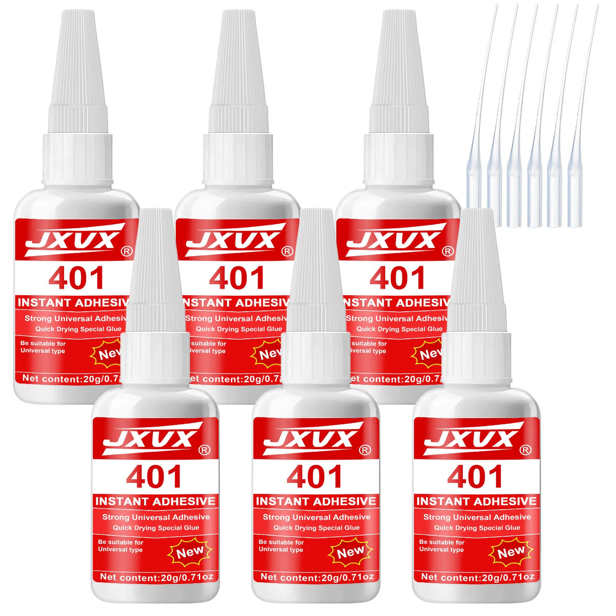 Collection de flacons de colle instantanée JXVX 401 avec diverses extrémités et pipettes.