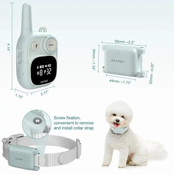 A compact waterproof dog training collar and remote control shown with the collar and a small white dog.