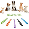 A collection of five dog whistles in various colors and shapes with lanyards shown next to several family pet dogs.