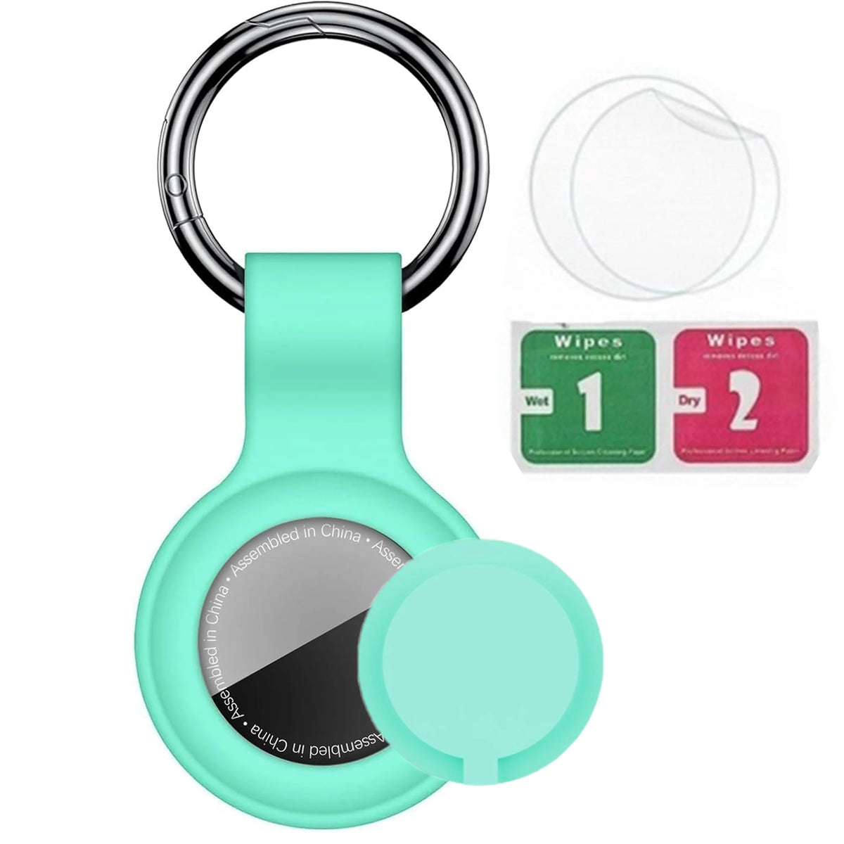 A silicone protective cover for an AirTag with a keyring attachment and separate wipe discs.