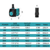 Diagram showing the components and specifications of an Ultra-Quiet Submersible Water Pump for Aquariums, Ponds & Fountains