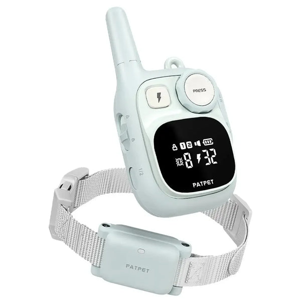 A white Petpet dog training collar with a strap and remote device shown against a white background.