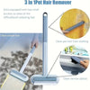 A 3 in 1 pet hair remover tool shown with brushes cleaning hair from carpet, clothing, and narrow spaces.