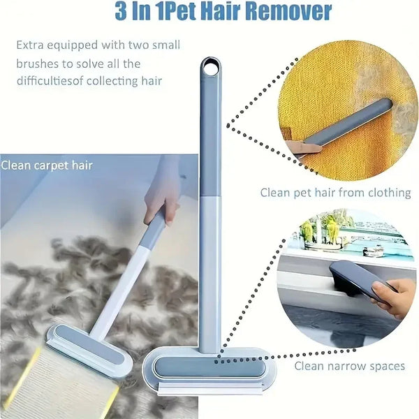 A 3 in 1 pet hair remover tool shown with brushes cleaning hair from carpet, clothing, and narrow spaces.