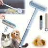 A light blue pet hair remover brush is shown with various attachments and a fluffy dog next to it.
