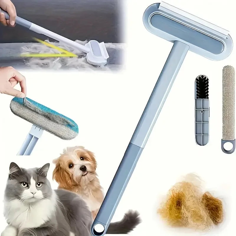 A light blue pet hair remover brush is shown with various attachments and a fluffy dog next to it.
