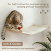 A tabby cat is lounging on a light-colored wall mounted cat furniture piece designed for cats.
