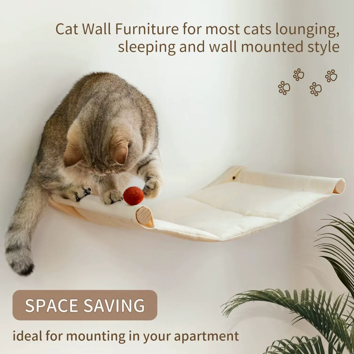 A tabby cat is lounging on a light-colored wall mounted cat furniture piece designed for cats.
