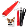 A red ultrasonic dog whistle with a lanyard is shown next to a small dog.