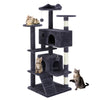 A dark gray cat tree tower with multiple levels, condos, and sisal scratching posts, featuring a kitten on top.