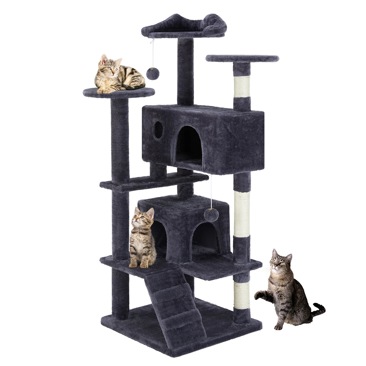 A dark gray cat tree tower with multiple levels, condos, and sisal scratching posts, featuring a kitten on top.