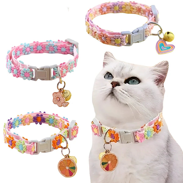 A white cat wearing a colorful lace pet collar with a gold pendant.
