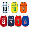 A collection of five sport team dog jersey vests representing Argentina, Brazil, Netherlands, Spain, and Italy.