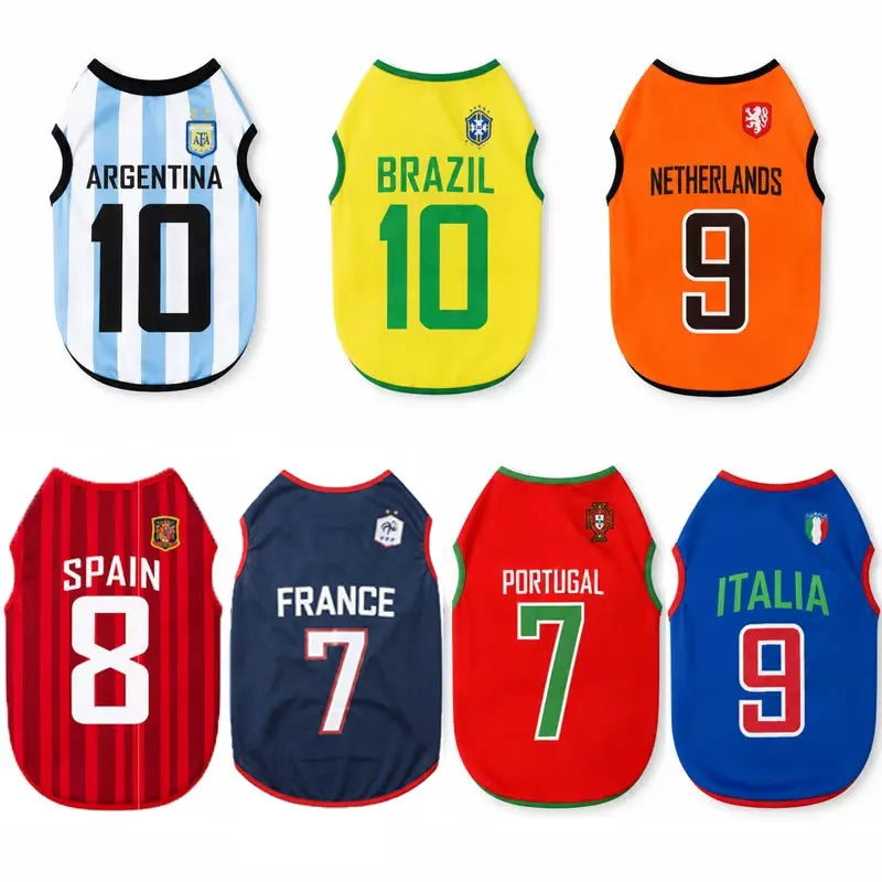 A collection of five sport team dog jersey vests representing Argentina, Brazil, Netherlands, Spain, and Italy.