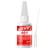 Bouteille d'adhésif instant JXV 401 avec pipette blanche et bâton applicateur transparent.
