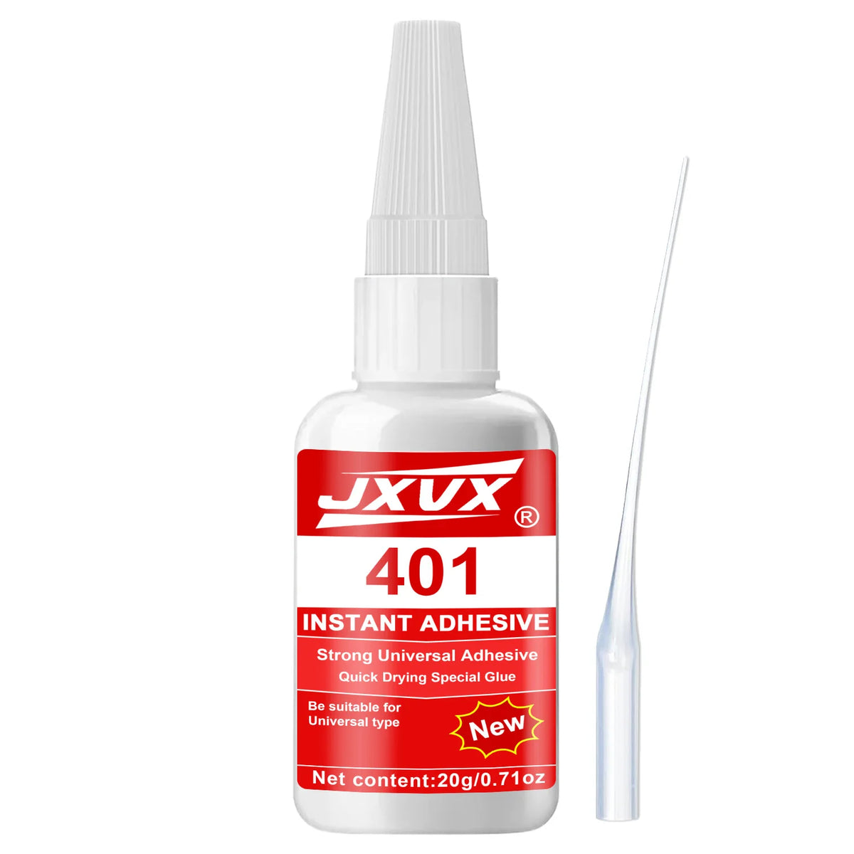 Bouteille d'adhésif instant JXV 401 avec pipette blanche et bâton applicateur transparent.