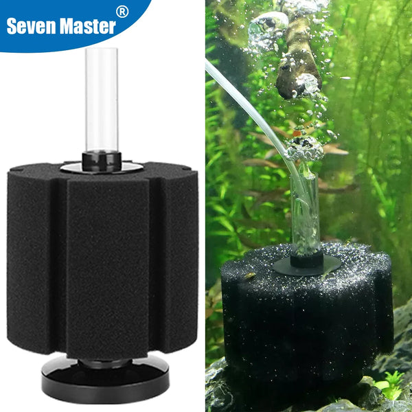 A black aquarium air pump and skimmer filter device with a clear tube, shown in a natural aquatic environment.