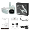 A compact waterproof dog training collar with a remote control and charging cable is shown.