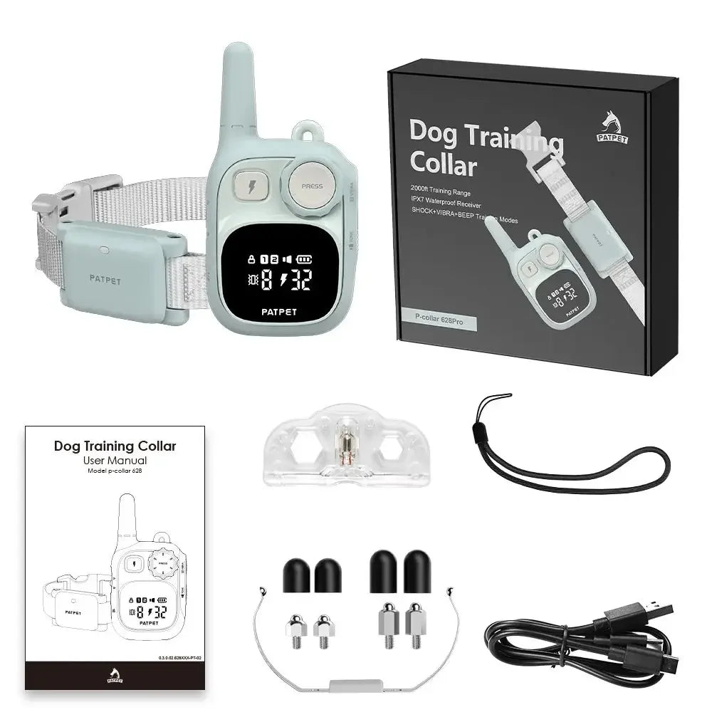 A compact waterproof dog training collar with a remote control and charging cable is shown.