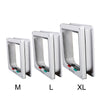 Three sizes of white locking pet doors labeled M, L, and XL for dogs and cats