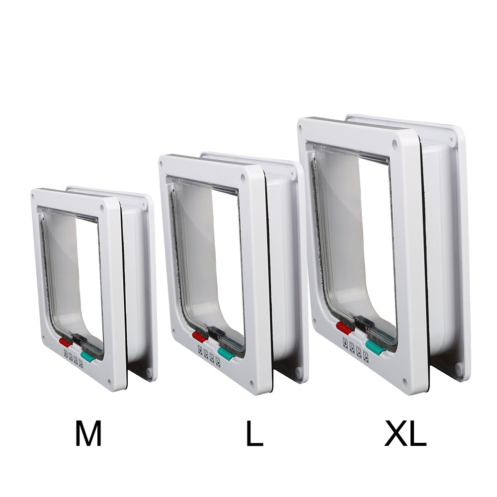 Three sizes of white locking pet doors labeled M, L, and XL for dogs and cats
