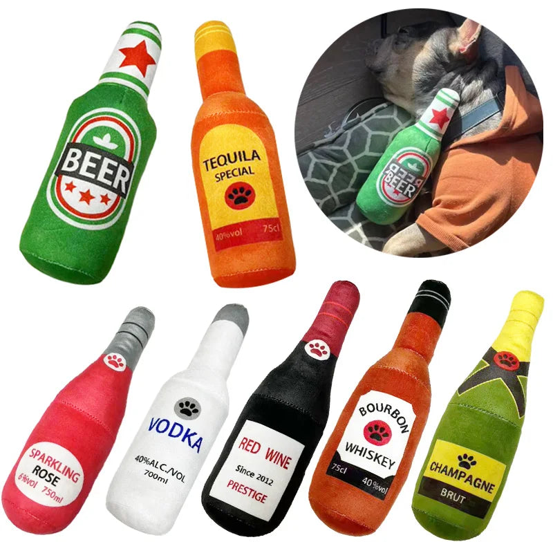 A collection of plush beer bottle dog toys featuring various alcoholic beverages like tequila, vodka, red wine, whiskey, and 