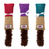 Three colorful KONG Kickeroo cuddler cat toys in red purple and teal with brown fur tails