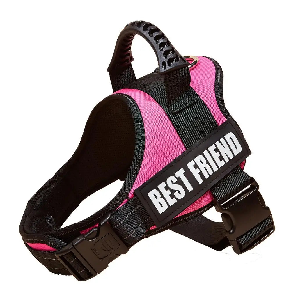 A pink and black adjustable pet walking harness for dogs.