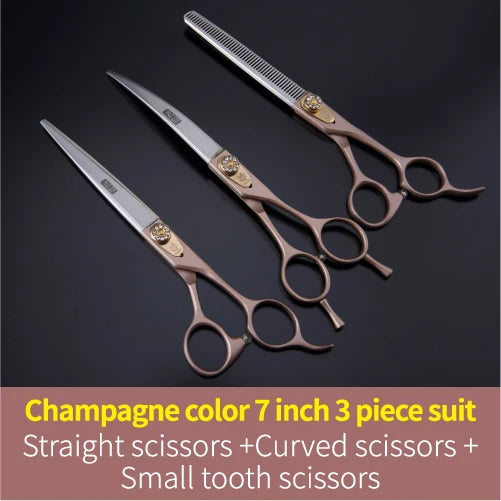 A set of three champagne color grooming scissors including straight, curved, and small tooth scissors