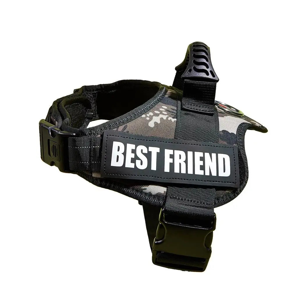 Black adjustable pet walking harness for dogs with a white BEST FRIEND tag
