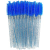 A bundle of blue and clear disposable eyelash brushes for makeup application