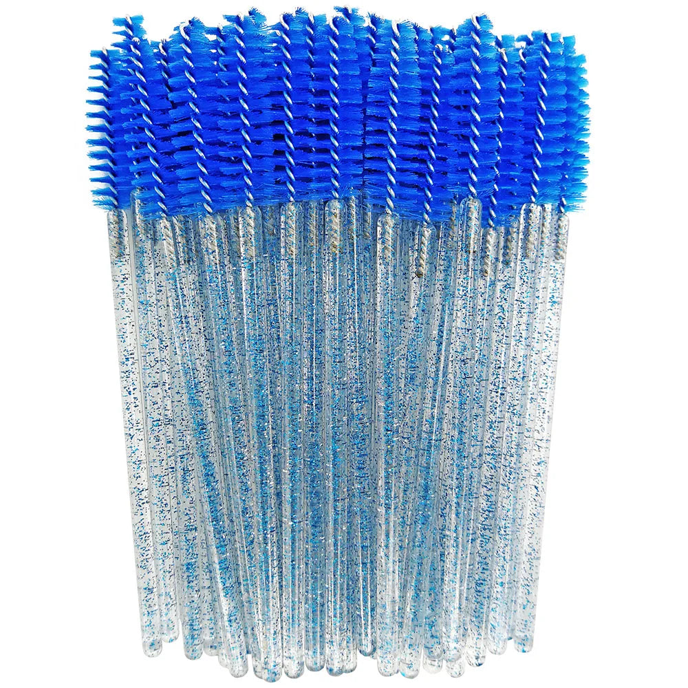 A bundle of blue and clear disposable eyelash brushes for makeup application