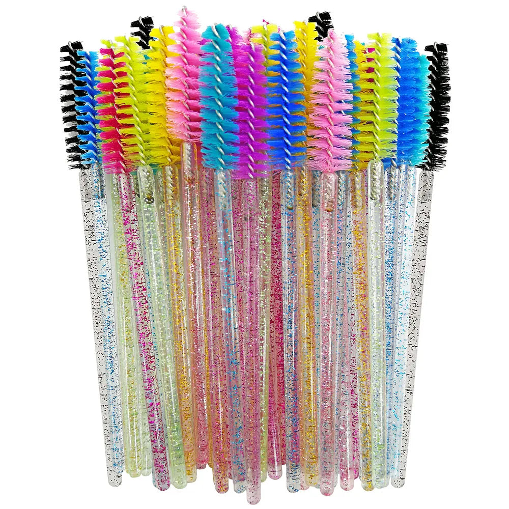 A bundle of colorful disposable eyelash brushes for makeup application
