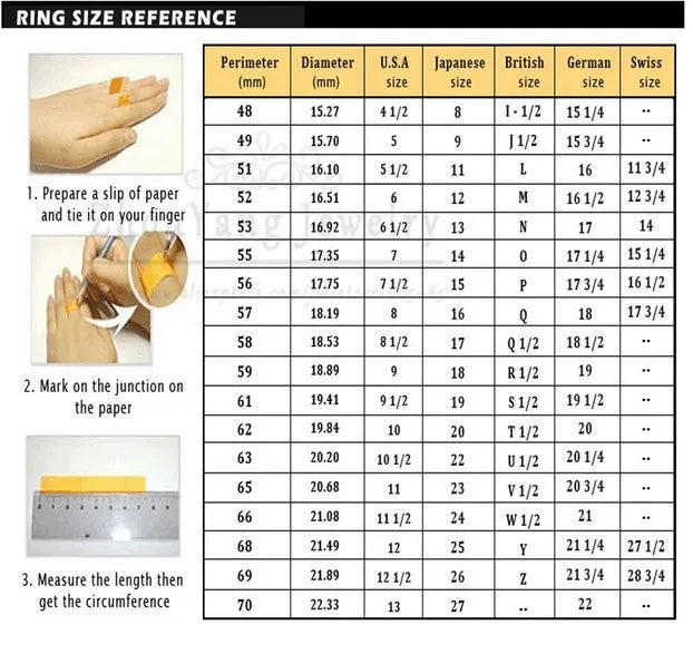 Reference chart for ring size measurements and corresponding diameters in millimeters.