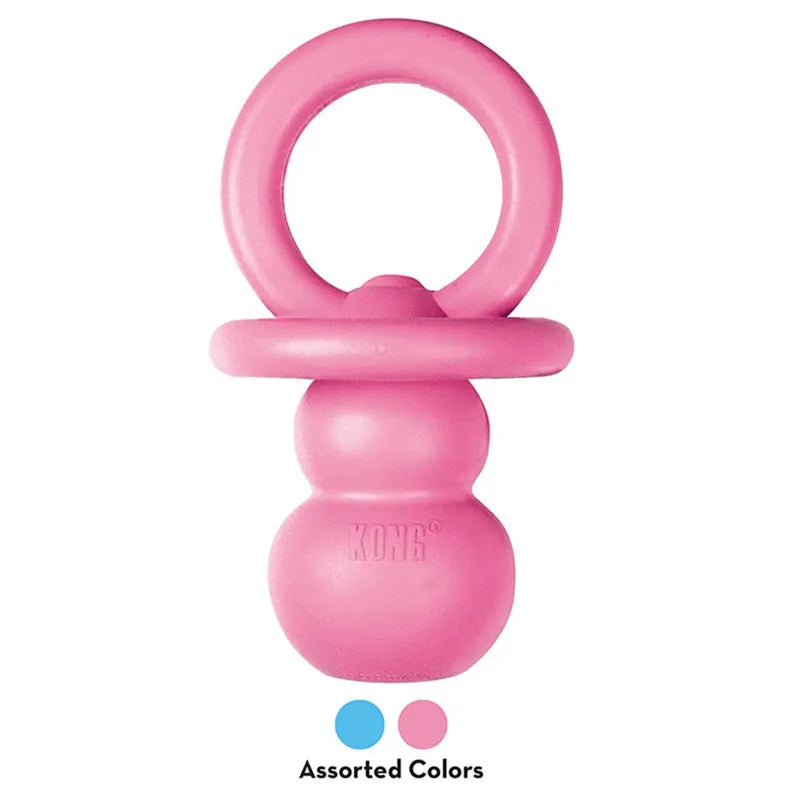 Pink KONG Puppy Binkie teething chew toy with an oval ring and a rounded base