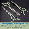 A tender green 3-piece set of professional pet grooming scissors including straight, curved, and small tooth scissors.