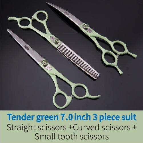 A tender green 3-piece set of professional pet grooming scissors including straight, curved, and small tooth scissors.