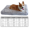 A fluffy brown and white dog is resting on a rectangular gray orthopedic pet bed.