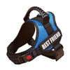 A blue and black adjustable pet walking harness for dogs shown from above.