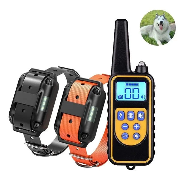 A black electric dog training collar with an orange strap and a digital display is shown against a white background.