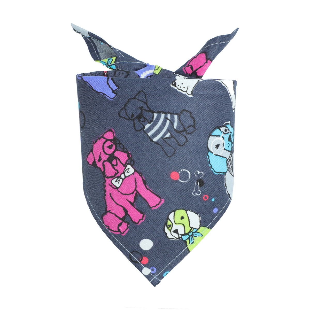 A fabric bandana featuring various cute dog and cat illustrations in purple, pink, and white on a dark blue background.