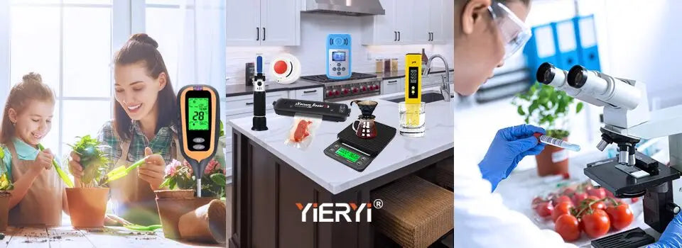A 4-in-1 digital water quality meter is shown in a kitchen setting with various food items and plants.