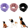 Three colored soundproof pet ear muffs shown next to dogs of different breeds.