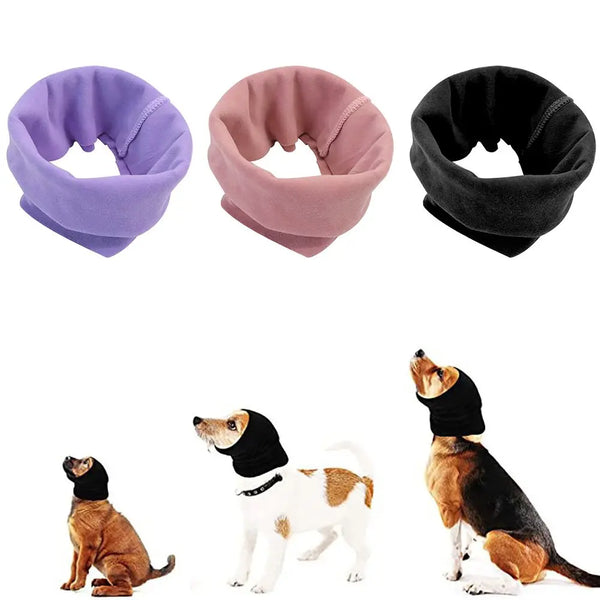 Three colored soundproof pet ear muffs shown next to dogs of different breeds.