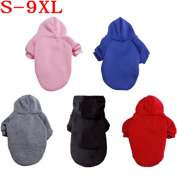 Four colored fleece dog coats or hoodies: pink, blue, gray, and red.
