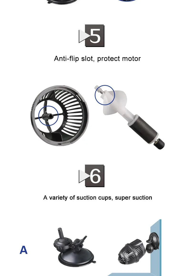 Diagram showing features 5 and 6 of an aquarium wave maker pump, including anti-flip slot and suction cups.